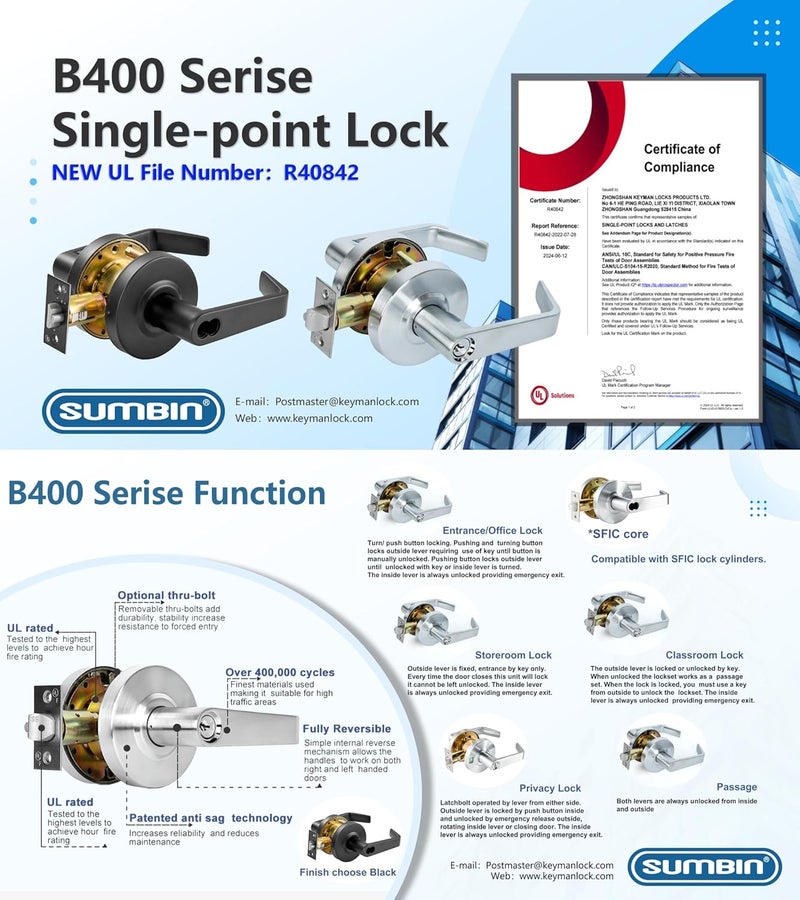 SUMBIN Ansi Grade 2 Commercial Heavy Duty Storeroom Door Lever Lockset, UL 3 Hour Fire Rated ADA, Matt Black Finish - Image 2